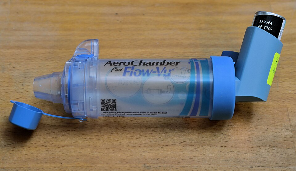 AeroChamber Plus Flow-Vu にpMDIを装着した状態